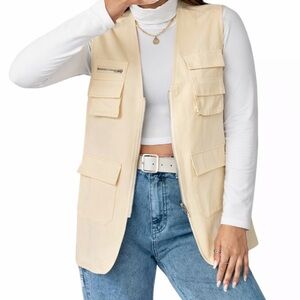 Women's Vest Flap Pocket Zip Cream Sleeveless Utility Vest Size XS